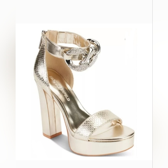NEW Karl Lagerfeld Paris Gold Snakeprint Anisha Platform Gold Sandal Size 9.5 - Picture 1 of 14